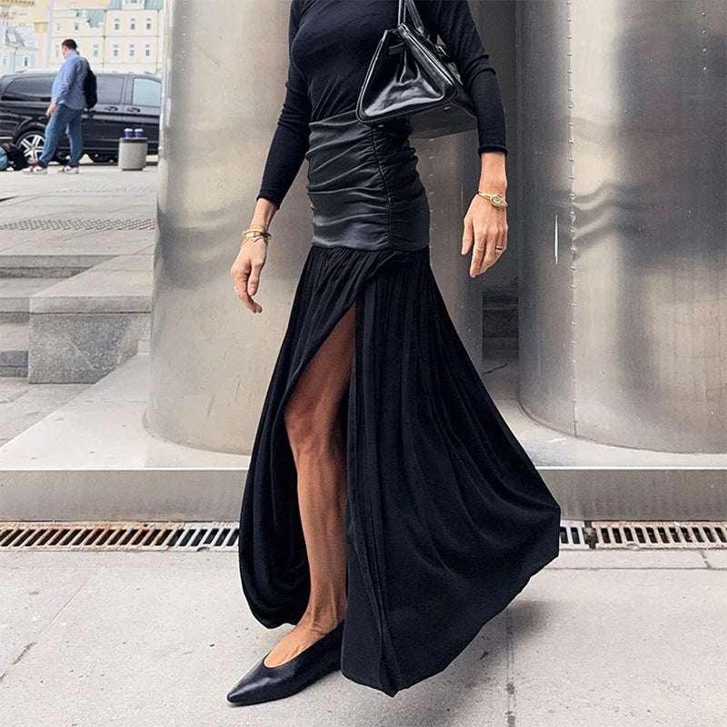 Cyflymder  PU Leather Patchwork Side Split Skirt Women Slim High Waist Pleated Fashion Party Skirts 2025 Summer Autumn Straight Street