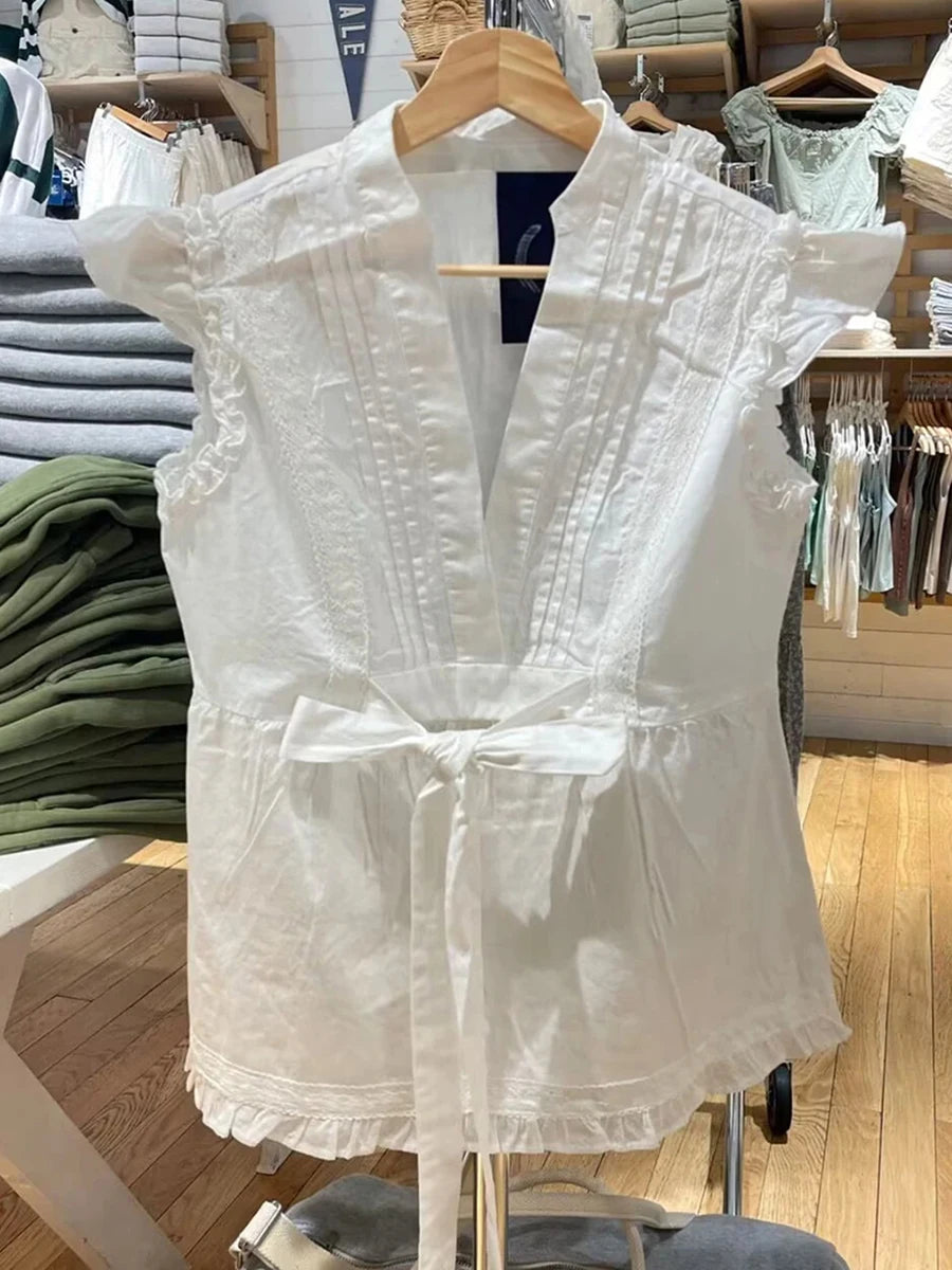 Cyflymder  Fashion White Ruffles Chic V-neck T-shirts Women Sexy Lace-up Cute Casual Short Sleeve Tee Female Sweet Vintage Y2K Tops Clothes