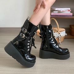 Cyflymder Wedges Platform Punk Style Motorcycle Boots Women Metal Buckle Decor Chunky Heel Knight Boots Fashion PU Lace Up Mid-Calf Boots