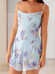 Cyflymder  Women s Floral Print Spaghetti Strap Backless Tie-up A-line Dress Sleeveless Summer Mini Dress with V-neck