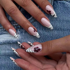 Cyflymder  24Pcs Mid-length Almond Press on Fake Nails Blue French Coffee Flower Polka Dot False Nails Art Rhinestone Full Cover Nails Tips