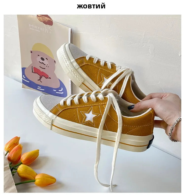 Cyflymder  Retro Star Canvas oes Women's Versatile Little Dir oes INS Skateboard oes Hong Kong Sle Ulzzang Trendy Student Whit...