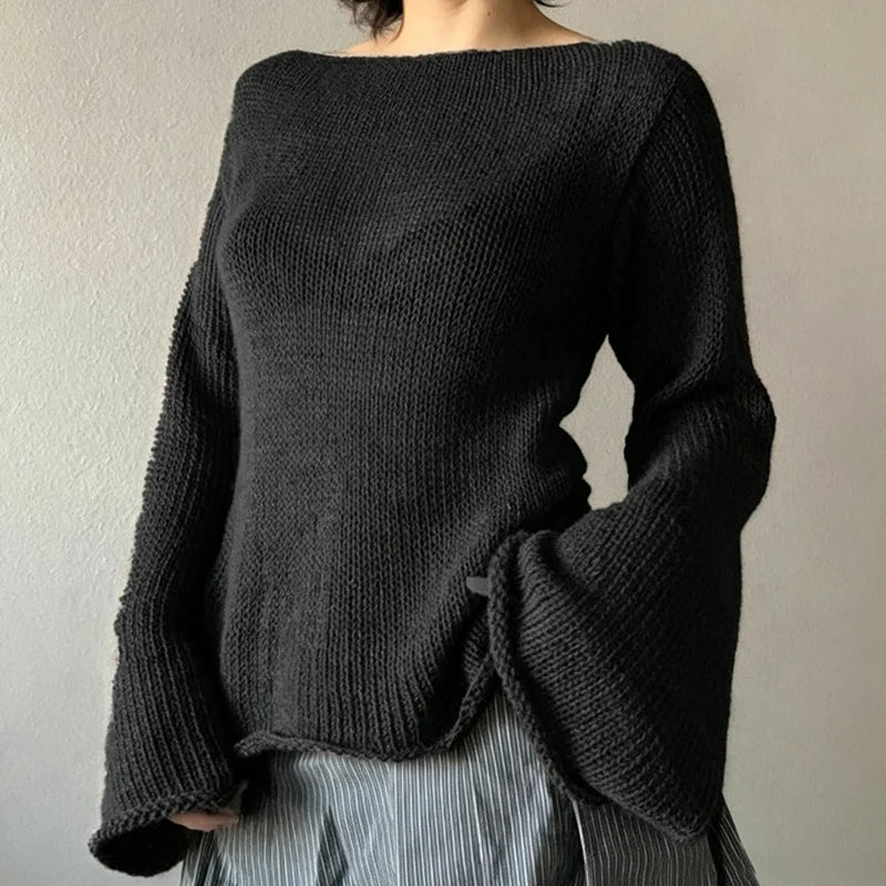 Cyflymder  Women Y2K Solid Black Off‑Shoulder Knit Sweater Long Flare Sleeve Loose‑Fit Vintage Casual Pullover Top
