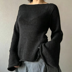 Cyflymder  Women Y2K Solid Black Off‑Shoulder Knit Sweater Long Flare Sleeve Loose‑Fit Vintage Casual Pullover Top