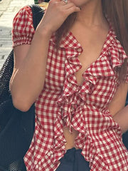 Cyflymder  American Sle Vintage Sexy Slim Fit Ruffle ort Sve Women's irt Floral Print Bubble Sve Casual Summer Top
