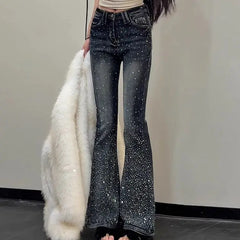 Cyflymder  Hot Girl Jeans Women's Retro Fashion Baby's Breath Diamond Micro-flared Trousers