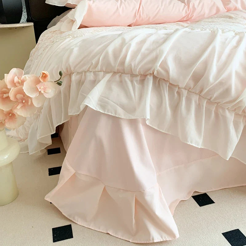 Cyflymder Pink Romantic French Princess Bedding Set, Soft Cozy Queen Size, Pleat Lace Ruffles, Duvet Cover Set, Bed Sheet, Pillowcase,