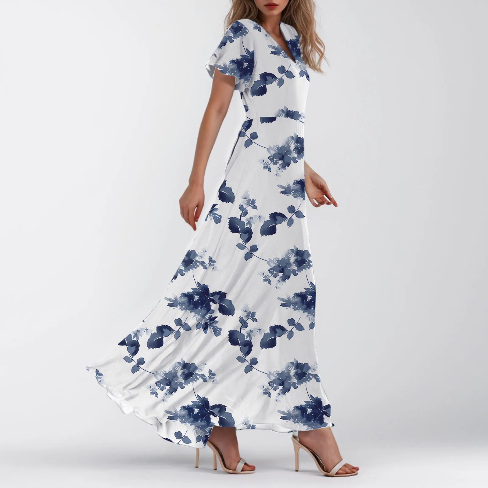 Cyflymder  Summer Beach Style Women'sFloral Dresses Casual Short Sleeve Maxi Long Shirts Floral Maxi Dresses Wedding Guest Flowing Dresses