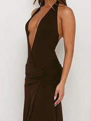 Cyflymder  Women's Halter Pleated Long Dress New Summer Hollow Out Sleeveless Slim Fit Party Dress Elegant Solid Color Wrap Hip Dress