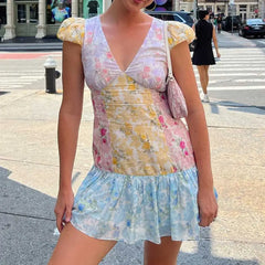 Cyflymder  floral short sleeve dress women ruffled mini summer dress cute ladies dresses bow tied front sexy dress for women
