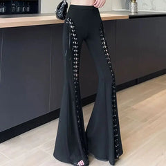 Cyflymder  Y2K Women's Flare Pants Lace-up Summer Glam Sexy Cut-Out Bell Bottom Trousers 2000s Vintage Y2K Trousers Streetwear A143