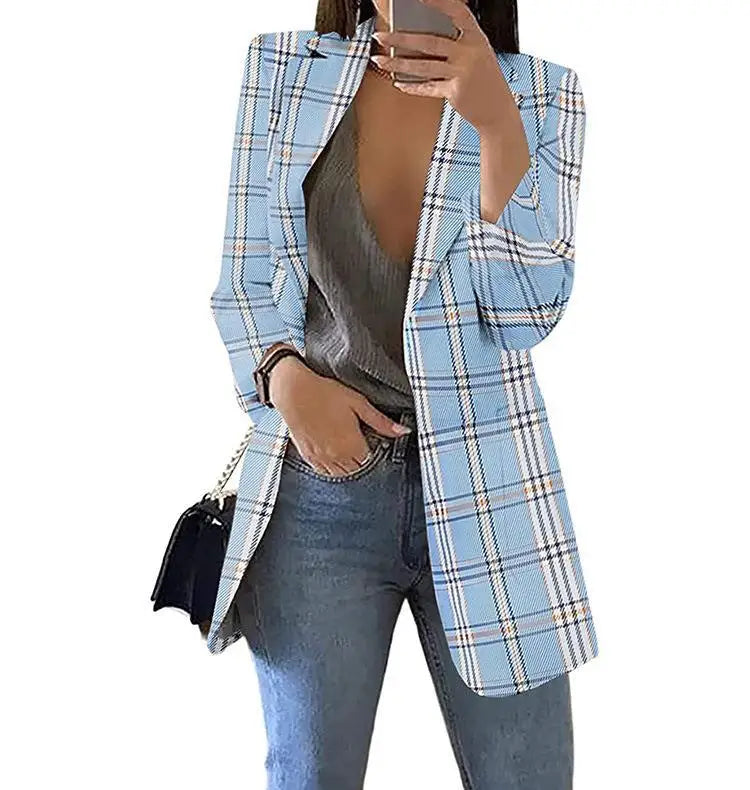 Cyflymder  Women's Faion Plaid Casual Suit Lapel Cardigan Jaet Slim Fit Long Sve Autumn Collection Ele Office Wear