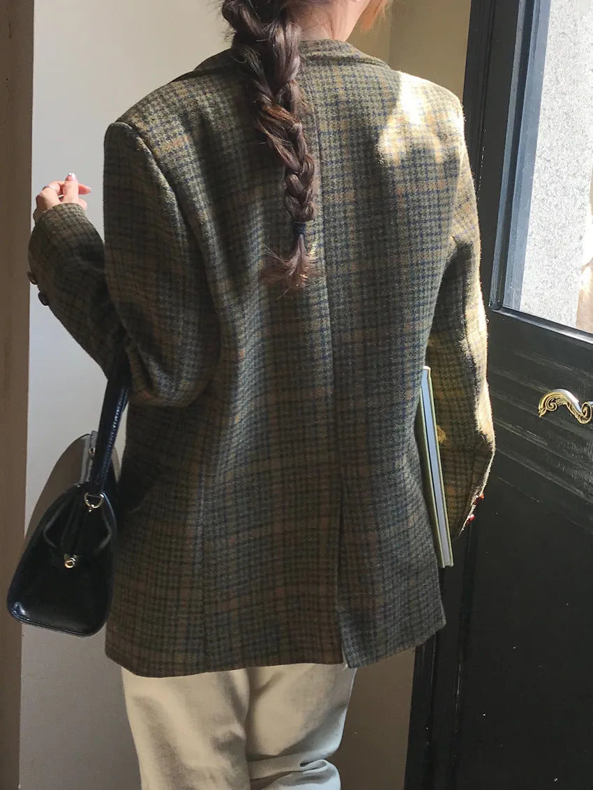 Cyflymder  Retro Briti Sle Plaid Woolen Coat Women's Chic Lapel Single Button Suit Jaet Trendy Mid-Length Long Sve Busin Wear