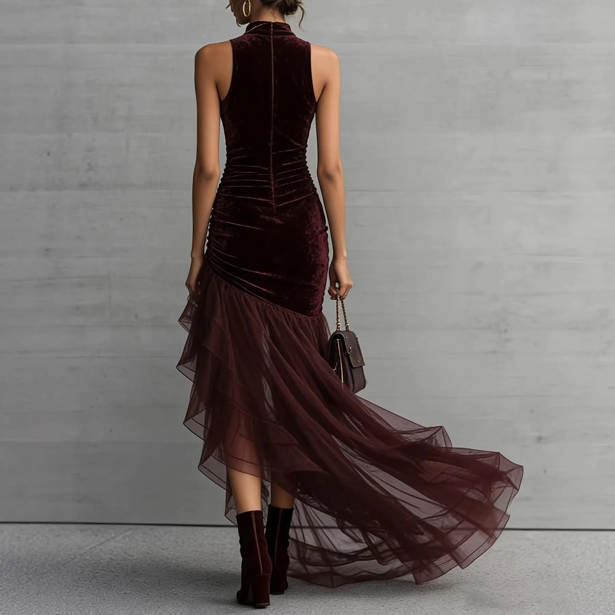 Cyflymder  Elegant Party Dress Velvet Halter Long Sleeveless Evening Dress Ruched Bodice Tulle Skirt Wine Red Maxi Dress For Woman On