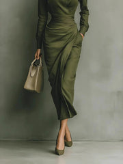 Cyflymder  Elegant Asymmetrical Lapel Women's Midi Dress Green Ruched Long Sleeve Slim Pocket Temperament Fall British Office Lady Dresses