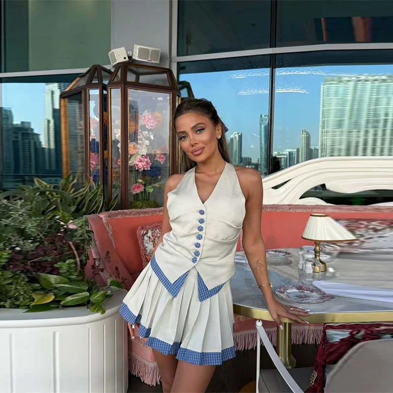 Cyflymder  Halter Women's Two Piece Suit V-neck Sleeveless Single Breasted Top A-line Pleated Short Skirt Summer Lady Vacation Set