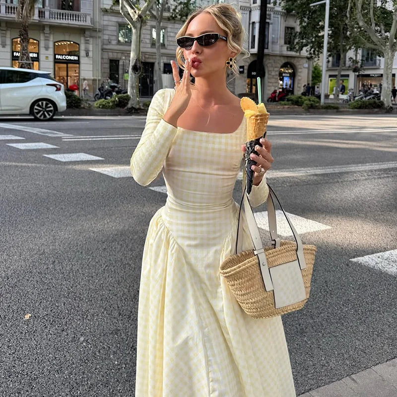 Cyflymder  Plaid Long Sleeve Pleated Maxi Dress For Women Autumn Fashion Square Collar High Waist A-line Club Party Long Dress New