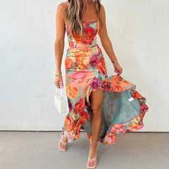 Cyflymder  Casual Sleeveless Backless Tie Up Dress Summer New Low Cut Pleated Evening Dress Fashion Hot Girl Irregular Floral Printed Dress