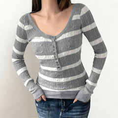 Cyflymder   Women V‑Neck Striped Cable Knit Top Long Sleeve Henley Half Button Slim Fit Twist Knitted Casual Pullover Sweater