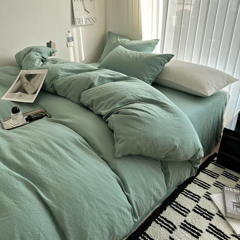 Cyflymder  Bed Linen Solid Cotton Bedding Set with Sheet Duvet Cover Pillowcases Single Couple Bedsheet King Queen Double Twin Size