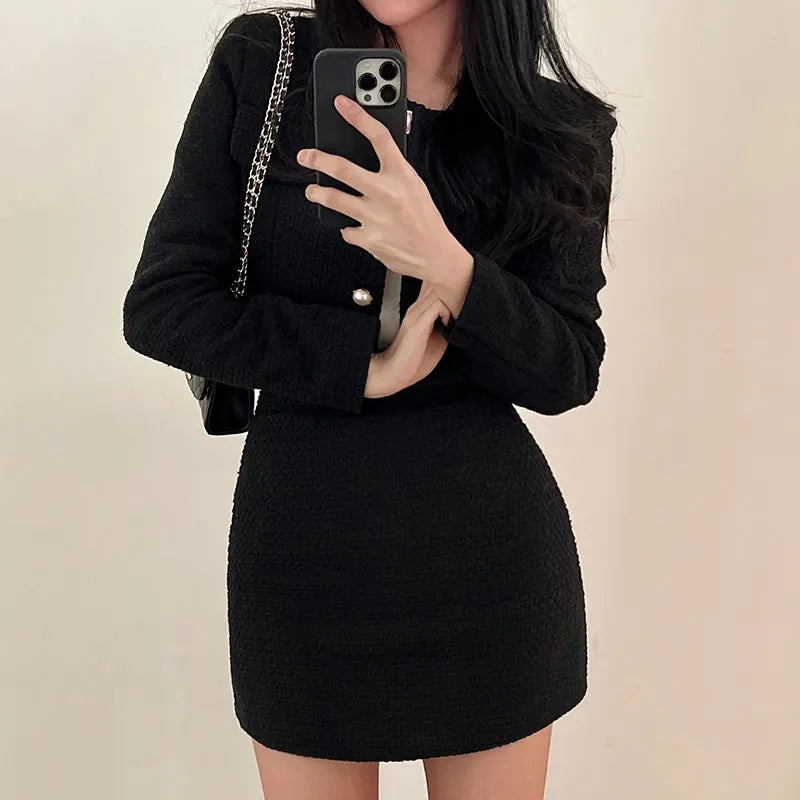 Cyflymder FALL OUTFITS Women Tweed 2 Two Piece Sets Long Sleeve Pearl Buttons Short Jacket and A-line Mini Skirt Set Fall Winter Women Outfits