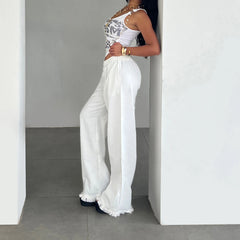 Cyflymder   Casual White Basic Elastics Waist Fringed Woven Pants Women All Match Commuting Style Straight Full Length Trousers Fashion New