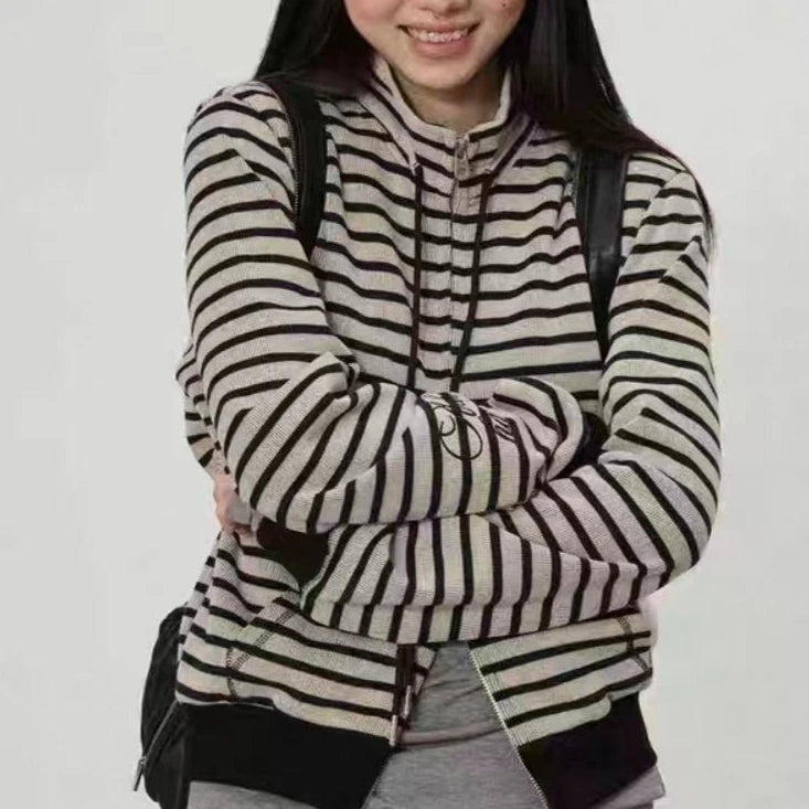 Cyflymder  Harajuku Vintage Casual Stripe Hoodie Y2k Aesthetic Dual Zippers Grunge Hoody Women Streetwear Stand Neck Drawstring Sweatshirs