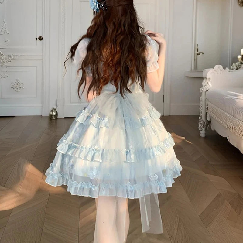 Cyflymder  Kawaii Bow Mini Dress Women Fashion Party Mesh Ruffles Patchwork Dresses Summer Korean Puff Short Sleeve Bodycon Design Vestidos