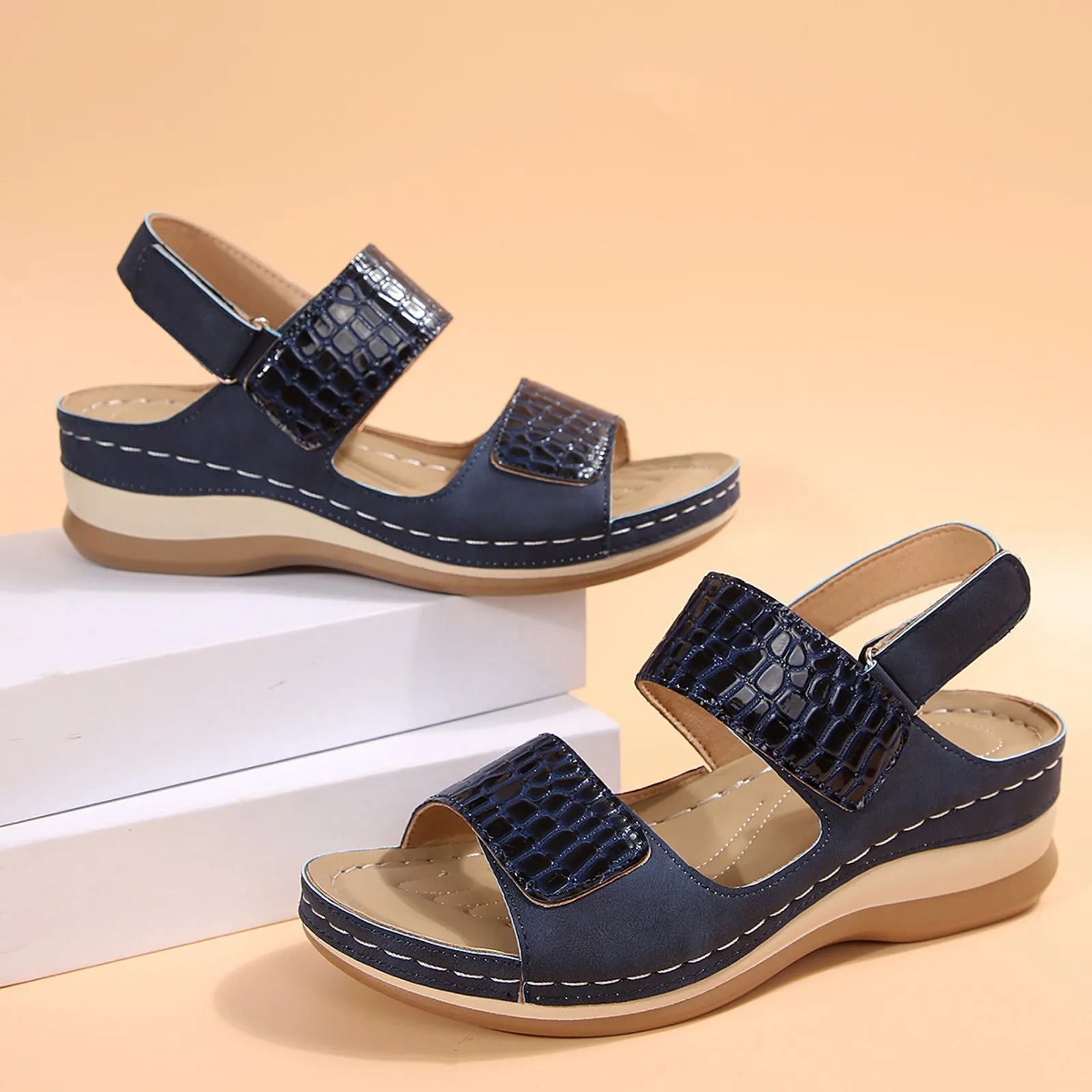 Cyflymder  Women's Casual Sandals Large Size Wedge Platform Heeled Buckle Shoes Patent Leather Thick Sole Walking Flat Female Footwear