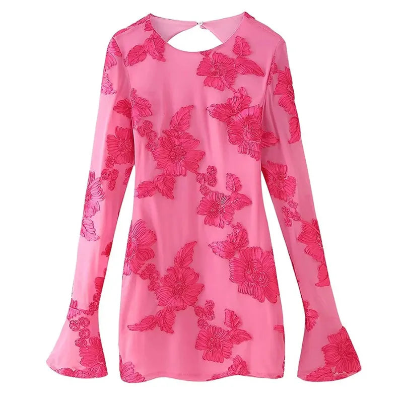Cyflymder  Sexy Backless Floral Mesh Mini Dress Women Elegant Flared Sleeve Bodycon Party Dresses Fashion Slim Fit Embroidered Short Dress