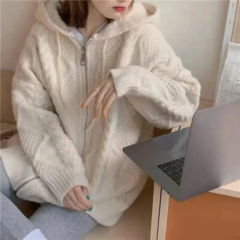 Korean Knit Cardigan Hooded Women Fashion Winter Casual Loose Zipper Thick Sweater All Match Female Streetwear Coats New Cyflymder