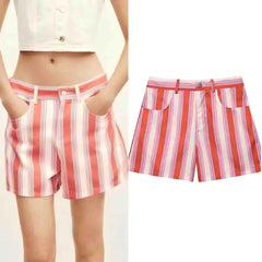Cyflymder  Women's new fashion side pocket decoration casual striped shorts retro high waisted zipper women's shorts