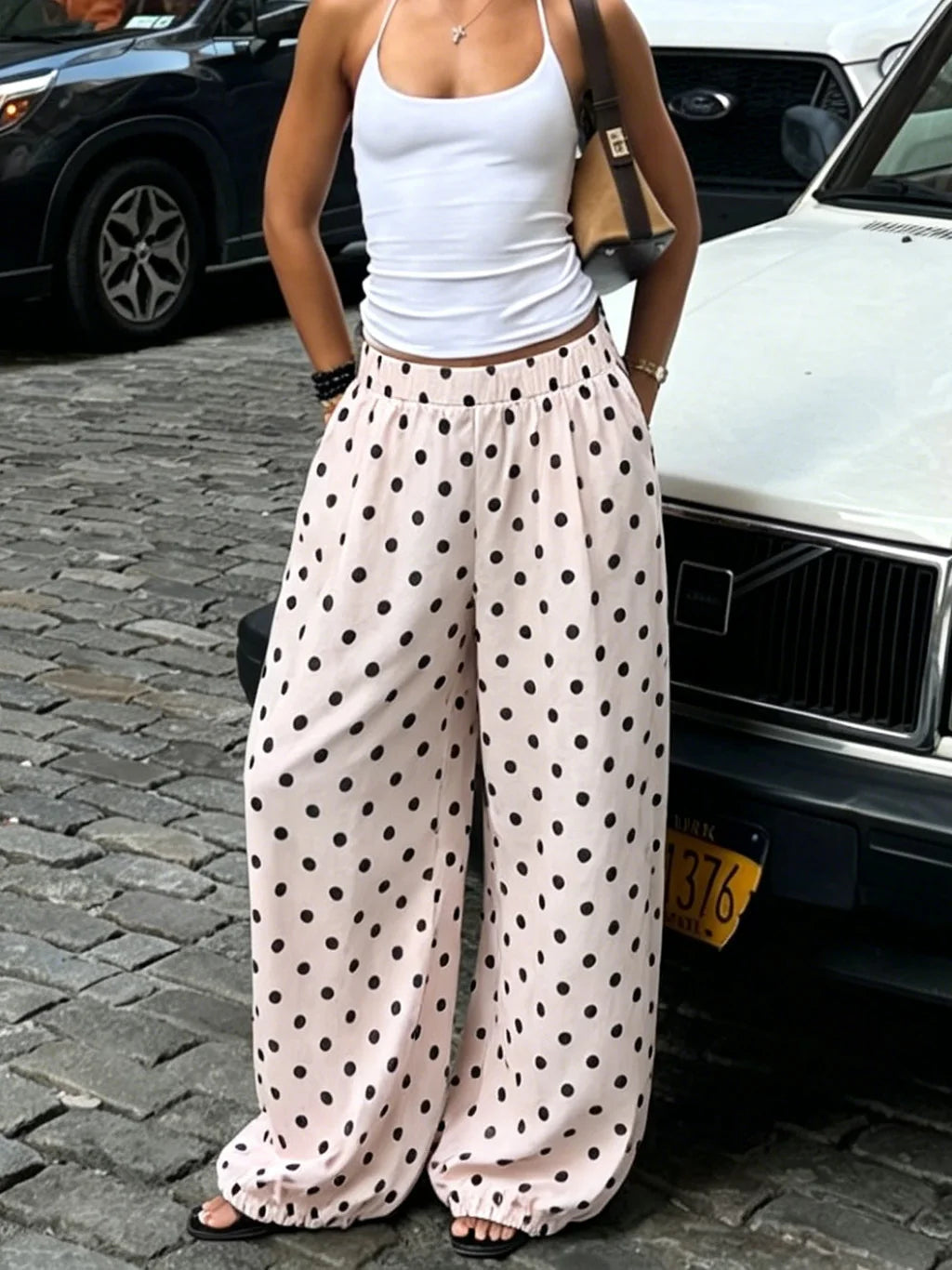 Cyflymder  Women Dot Print High Rise Balloon Hem Pants Y2k Baggy Casual High Rise Lantern Wide Leg Trousers Summer Spring