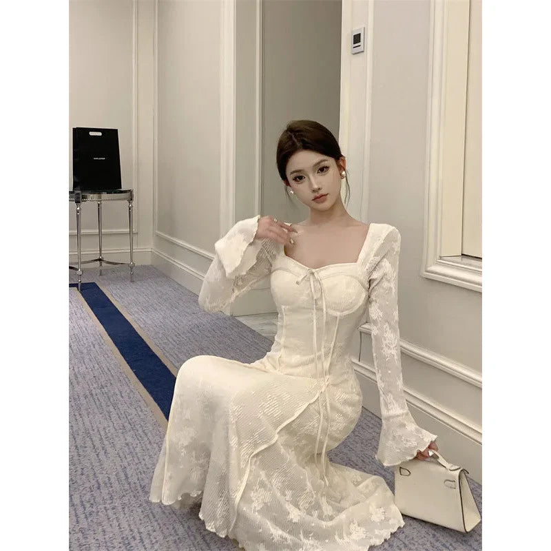 Cyflymder  BowJacquard Square Collar Flare Sleeve Dress Women's Autumn/Winter Waist-Fitted Slimming New Chinese Style Soft Long Dress