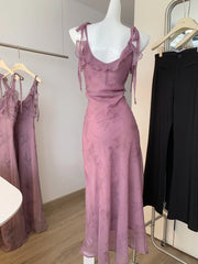 Cyflymder  Women's Summer Lace Up Strap V Neck Sleeveless Slim Floral Long Dress Lady Streetwear Holiday Elegant Fit And Flare Dress