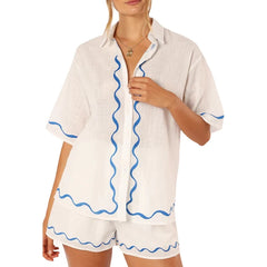 Cyflymder  Boho Beach Style 2 Piece Outfits Fashion Printed Short Sleeve Button Up Blouse Tops + Shorts Set Women Lounge Matching Beachwear