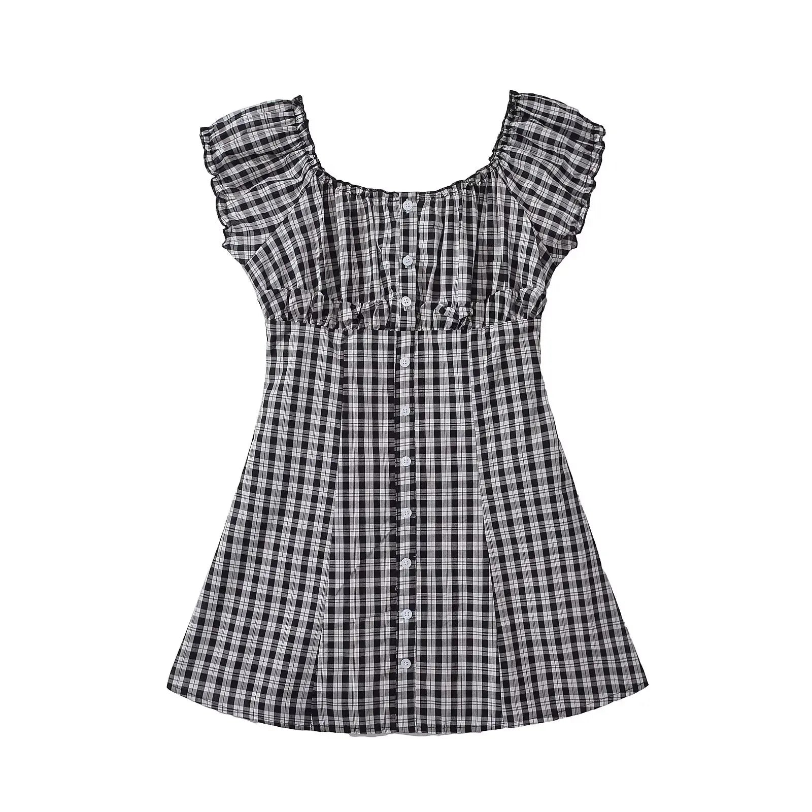 Cyflymder  CHIC Contrast Color Plaid Open Buttons Slash Shoulder Mini Dress Women Short Sleeve Slim Waist Dresses Holiday Robe Femme