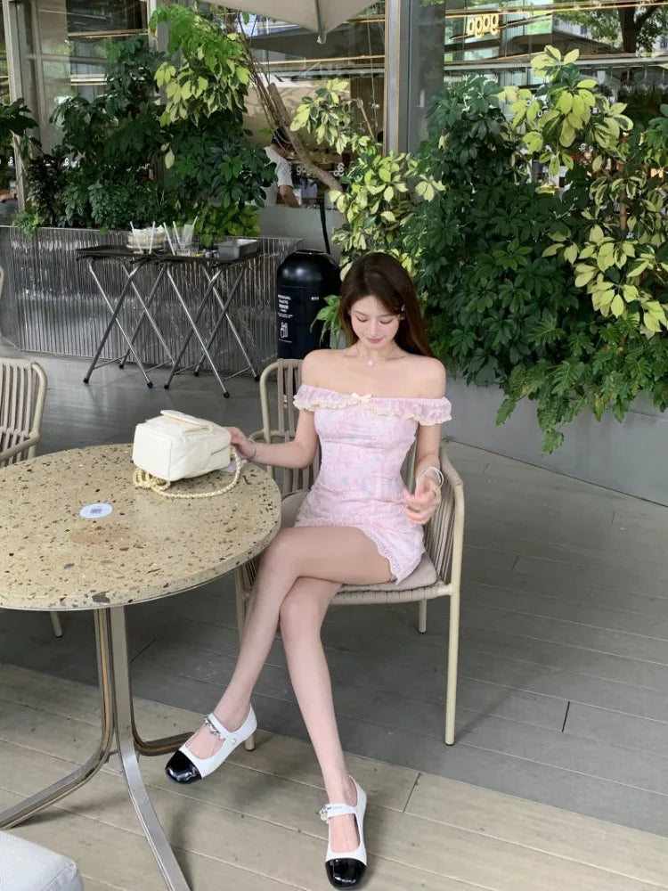Cyflymder  Mini Dresses Women Sexy Sweet Floral Slash Neck Off Shoulder Bow Lace Patchwork Vintage Elegant Dress Party Spring New