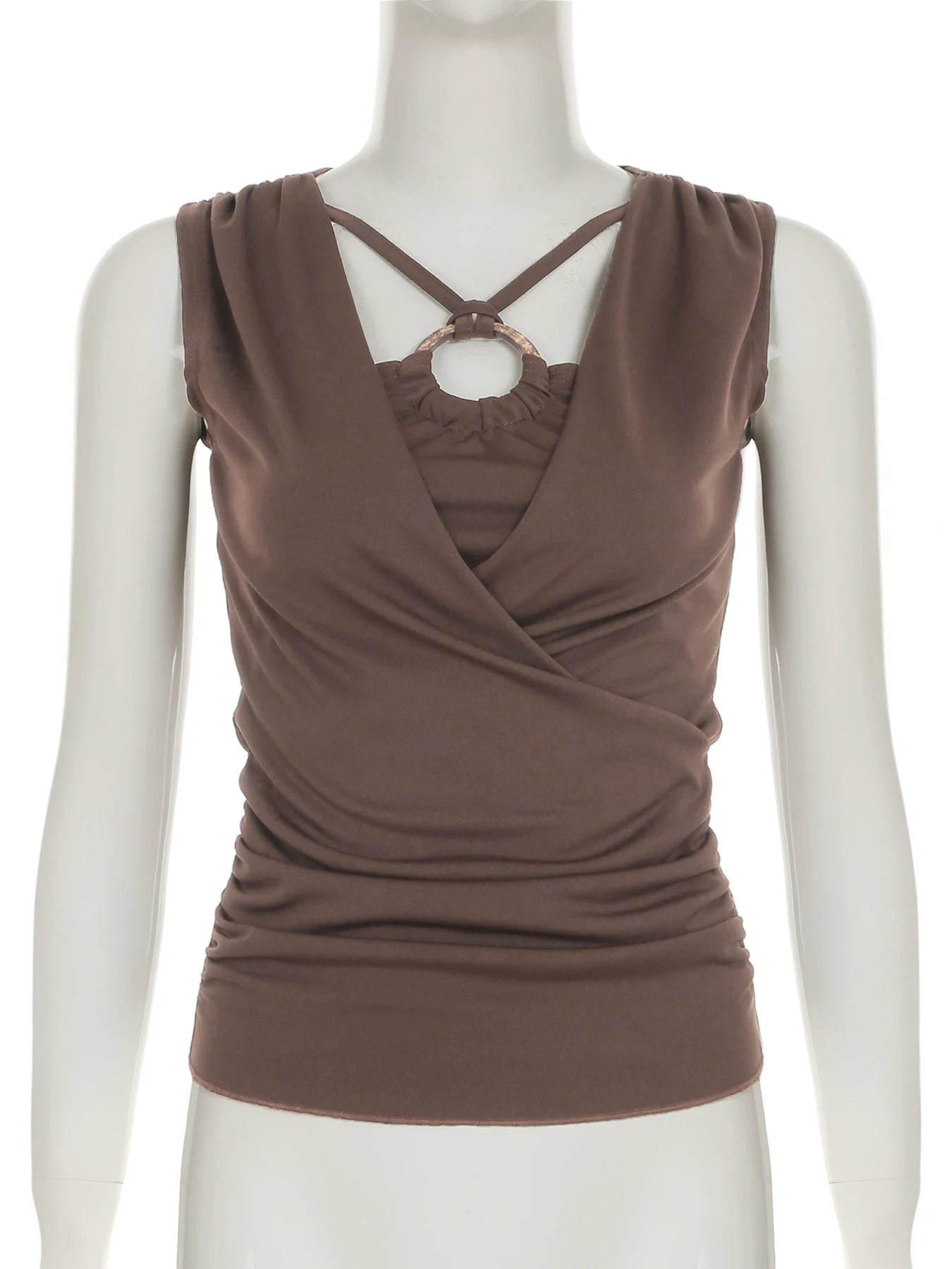Cyflymder  Sexy Slim Folds Tank Tops Fake 2 Piece Elegant Bandage Hollow Out V-Neck Sleeveless Tops Women Summer Fashion Lady