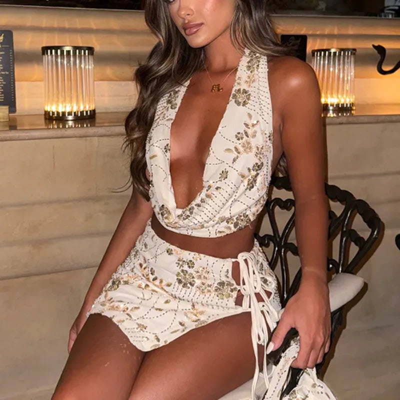 Cyflymder  Sequined Beaded Flower Halterneck Backless Vest with Tie-up Mini Skirt Women Two Piece Skirt Set Summer Party Club Outfit