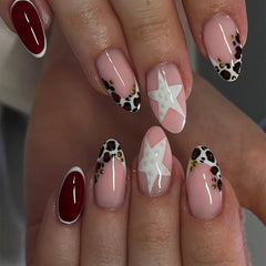 Cyflymder  24Pcs Leopard Print French Full Cover Nails Tips Mid-length Almond Reusable Press on Fake Nails Star Design Wine Red False Nails