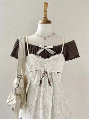 Cyflymder  Summer Sweet Vintage Skirt Set Women Sexy Off Shoulder Bow Tops + Cute Outerwear Lace Strap Vest + Y2k Retro Plaid Mini Skirt