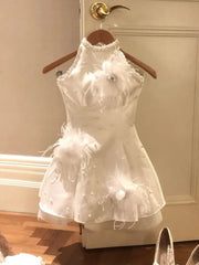 Cyflymder  French Elegant Halter Pearl Puff Mini Dress Women New Fashion Sweet Slim Party Popular Dresses Harajuku Sexy Y2k Summer Clothing
