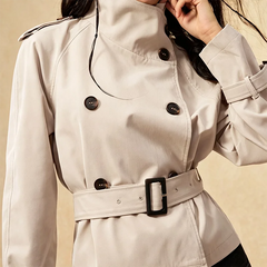 Cyflymder  Retro Women's Short Windbreaker Jacket Beige Stand Up Collar Y2K Asymmetrical Button Detachable Waist Belt Cinched High Street