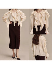 Cyflymder  Women s Long Sleeve Blouse with Delicate Lace Detailing and Ruffled Button Front - Stylish Solid Color Top for Work or Weekend