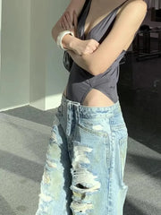 Cyflymder   Summer Capri Pants Women Washed Distressed Ripped American Vintage Street Style Straight Leg Loose Slim Mid Length Denim Pants