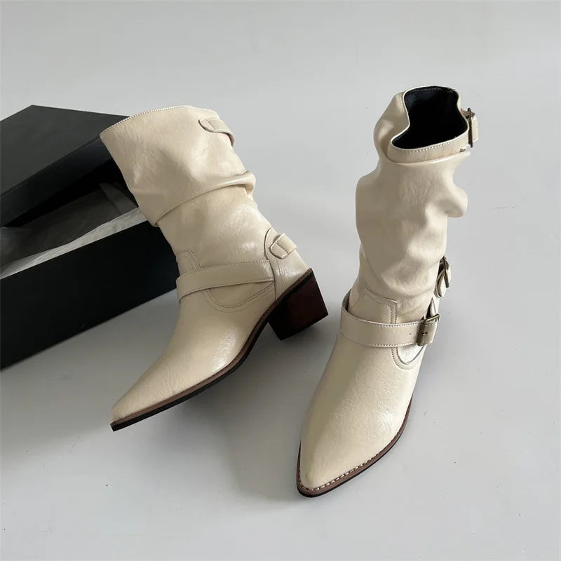 Cyflymder  Autumn Winter Women Western Cowboy Boots Vintage Slip On Thick Heel Shoes Ladies Mid Calf Botas Zapatos De Mujer
