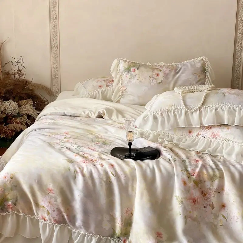 Cyflymder  Flower Prints Lace Ruffles Princess Bedding Set Lyocell Bamboo Fiber Soft Silky Cool Feeling Duvet Cover Bed Sheet Pillowcases