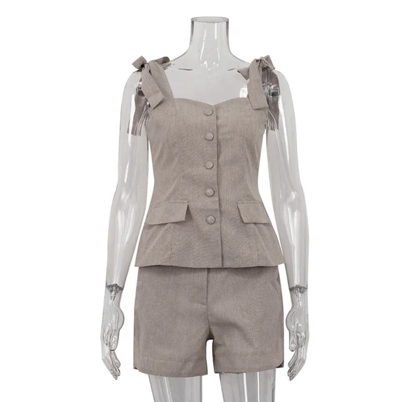 Cyflymder  Linen Bow Strap Sweetheart Cami Top Mini Short Two Piece Set Summer Women Matching Outfit Daily Causal Lady Conjunto