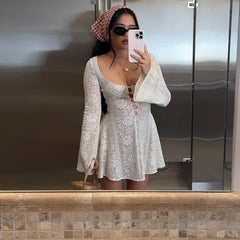 Cyflymder  Autumn Women Floral Lace Patchwork U Neck Long Sleeve Bodycon Slim Waist Dress with Side Zipper